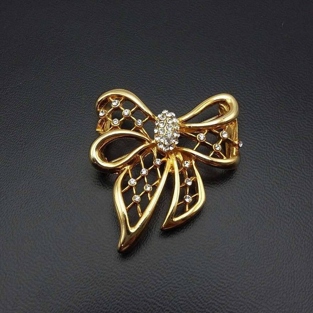 Gold Tone Open Work Rhinestone Bow Ribbon Brooch Pin0